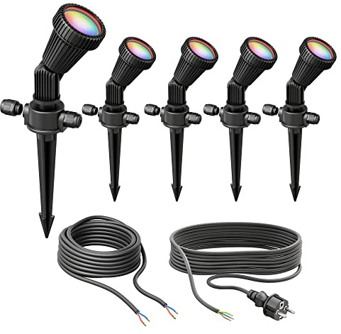 ledscom.de Set med 5 trädgårdsstrålkastare med jordspik PIRK, för utomhusbruk, IP44, svart, stickpropp, inkl. Smart Home RGBW GU10 LED 473lm vardera