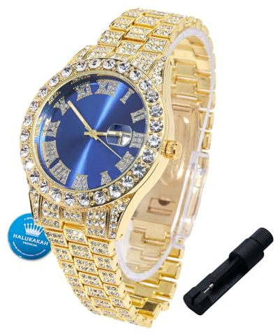 Halukakah Diamonds Gold Watch Iced Out for Boy Teens Kids - 18K Real Gold Plated,42mm Blue Dial,Japanese Quartz - 8 Length Adjustable Wristband,with Watch Adjuster Tool - for Birthday,Parties