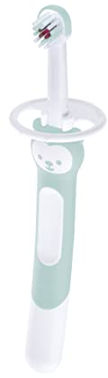 MAM Training Brush, Baby Zahnbürste mit langem Griff zum gemeinsamen Halten, Kinderzahnbürste zur sanften Zahnreinigung, ab 5+ Monate, türkis