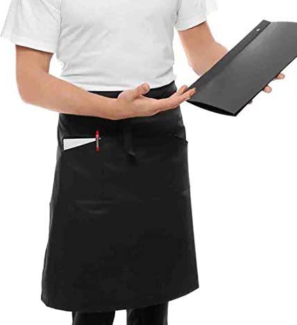 MFAZ Morefaz Ltd Thick Waist Apron Adjustable & 100% Cotton 240g/m3 Anti-dirt Waist Short Black White with Pocket for Home Kitchen Restaurant Work, Waitress, Chef, Waiter, Cooking, Baking