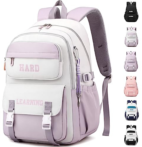 KESUDE Zaino Scuola Media Elementar, Zaini Ragazza Zainetti Per Bambini Grande,Zaino Doppio Scomparto Con Tasca Porta Pc, Ragazzo Donne Poliestere Impermeabile Tempo Libero Borsa Viaggio, BiancoViola