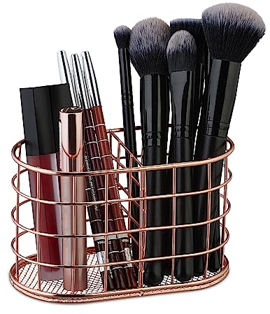 Relaxdays Stiftehalter, 2 Fächer, Pinselhalter Kosmetik, Metall, Stiftebecher Schreibtisch, HBT: 9 x 15 x 8 cm, roségold