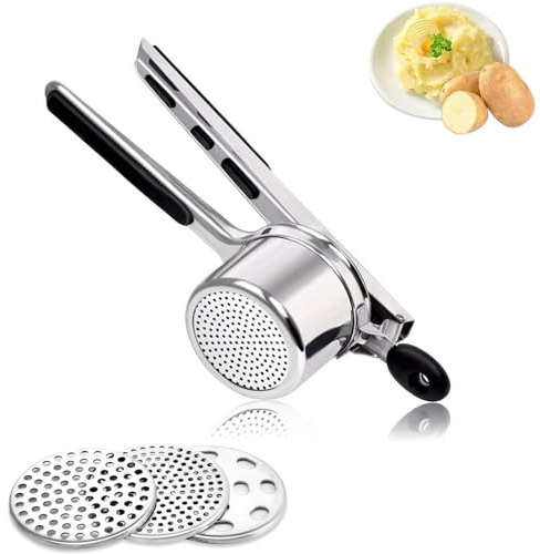 TECKI Schiacciapatate Acciaio Inox, Schiaccia Aglio, Macchina Per Pasta, Passaverdure, Multifunzione Manuale Strumenti Di Schiacciamento con 3X Diversi Piatti Rotondi