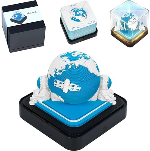 Time Piece 3D Calendar 2026, 3D Calendar Memo Pad, DIY Carving Art Notepad with LED Light, Creative Paper Sculpture Craft DIY Gif (Blue Earth)