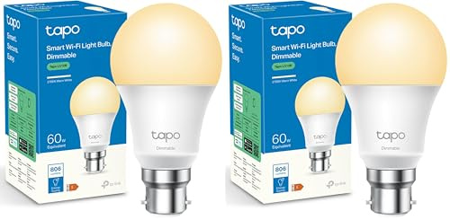 Tapo Smart Bulb, Smart Wi-Fi LED Light, B22, 8.7W, Energy Saving, Works with Amazon Alexa and Google Home, Dimmable Soft Warm White, No Hub Required L510B [Energy Class F] (Pack of 2)