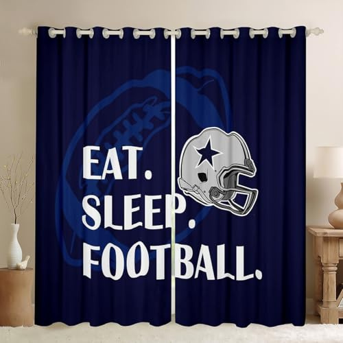 American Football Boys Blackout Curtains,Rugby Football Helmet Fashion Window Drapes for Boys Men,Cowboy Sports Games Lovers Dark Blue Unique Window Treatments Grommet Top 2 Panel Set,38Wx45L inch
