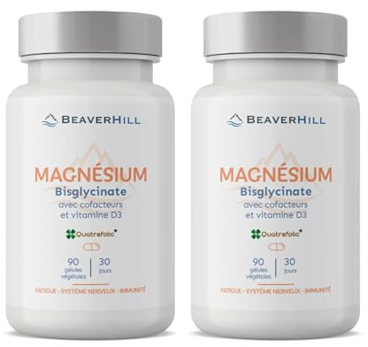 Pack x2 | Magnésium Bisglycinate + Cofacteurs Vitamines B1, B2, B3, B5, B6, B8, B9 et D3 | 180 Gélules Végétales | 300 mg Magnésium élément | BEAVERHILL | Fatigue – Stress – Énergie – Muscles – Os