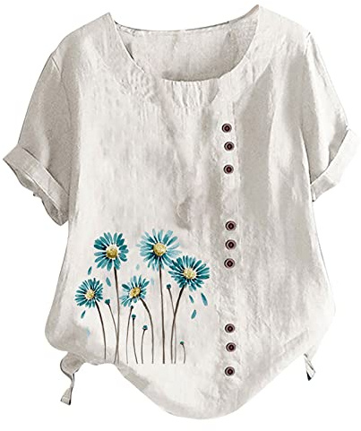 T-Shirt Femme à Manches Courtes Coton et Lin Hauts Chic et élégant Grande Taille Décontracté avec Bouton Col Rond Chemisier Ethnique Imprimé Floral Blouses de Mode Printemps et été Tunique