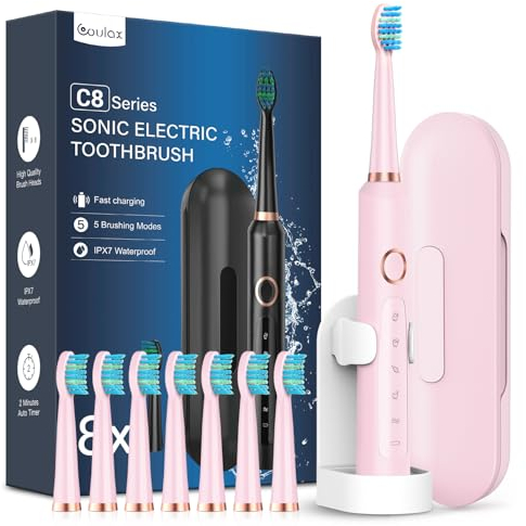 Elektrische Schallzahnbürsten mit 8 Köpfen – Elektrische Zahnbürste für Erwachsene mit Reiseetui, 5 Modi und IPX7, elektrische Ultraschallzahnbürsten für Familienreisen, Kirschrosa