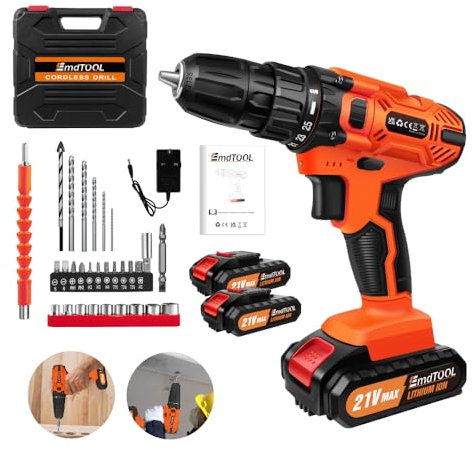 Cordless Drill Driver 21V Power Tool Electric Screwdriver,25+1 Torque,2 Speed,LED Light,29 Accessories,Cordless Combi Drill Kit for Home and Garden DIY, (2 Batteries)-Orange
