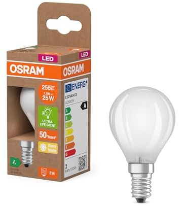 Osram LED-Lampe in klassischer Miniballform, mit dekorativem LED-Filament im Frosted Design, Energieeffizienzklasse A, E14, 1.2 W, 255 lm, 2700 K, warmweiß. Ohne Aufwärmen, sofort 100% Licht.