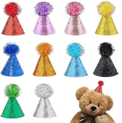 Pai Sence Mini Party Hats for Stuffed Animals Toys Small Party Hats with Pom Poms Glitter Tiny Birthday Hat Bulk S