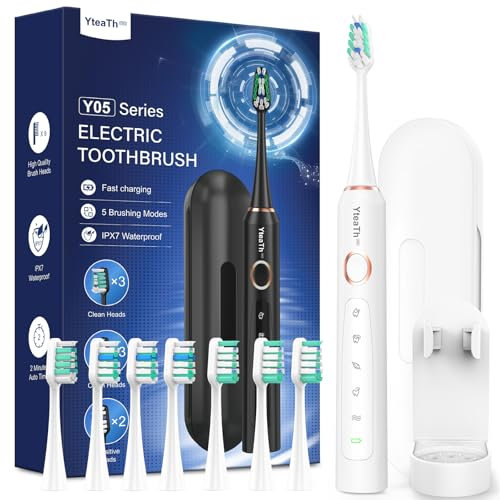 Spazzolino Elettrico Sonico per Sbiancante Denti - Spazzolino Denti Sonico Adulti con 8 Testine e Custodia, 5 Modalità, IPX7, Spazzolino Elettrico da Viaggio Ricaricabile, Bianco Perla