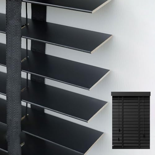 Wooden Blinds Horizontal Cordless Window Darkening Venetian Blind Venetian Blind Room Anti-UV Blinds can Mounted Inside or Outside W 12~75 × H 20~102 Custom for Bedroom Kitchen(Black)