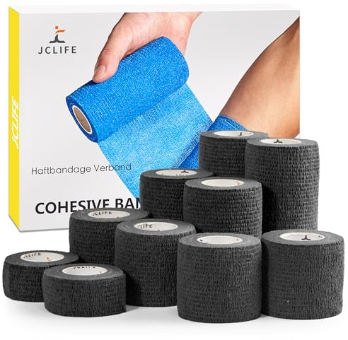 JCLIFE Lot de 10 rouleaux de bandages élastiques auto-adhésifs, 2,5 à 10 cm de large, antidérapants, idéaux pour la protection sportive et le pansement pour animaux de compagnie (Noir, Mélanger)