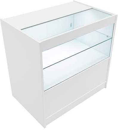 Bancone da Negozio LED Bianco C900 – Vetrina con Ante Scorrevoli Bloccabili, 2 Chiavi, 3 Ripiani (2 Aperti, 1 Chiuso), Illuminazione Bianca, MDF Melaminico e Vetro Temperato – 90x90x60cm