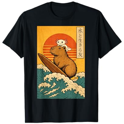 Cute Axolotl Riding Capybara – Japanese Style Animal Art T-Shirt