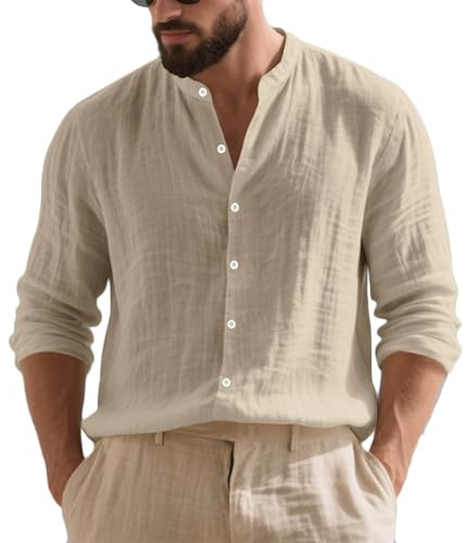 Summer Cotton Linen Shirts for Men Grandad Collar Shirt Button Down Loose Fit V Neck T-Shirts Beach Long Sleeve Henley Shirts Solid Color Casual Tee Tops Lightweight Tops Size S-3XL Khaki