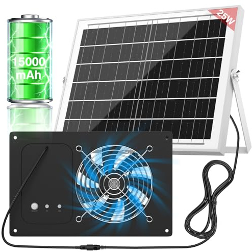 ANTEQI Ventilador solar con batería de 15000 mAh y temporizador, 25 W, 3500 rpm, ventilador solar de alta velocidad, silencioso e impermeable para gallinero, invernadero, cobertizo y casa de animales