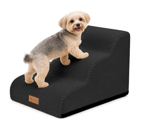 vounot® Escalier pour Chien et Chat à 3 Marches en Mousse Haute Densité Antidérapante Déhoussable Lavable Rampe pour Chien Accès Canapé Lit pour Animaux Âgés ou Blessés avec Poignée Noir