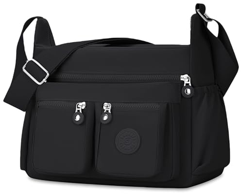 Aucuu Impermeable Nailon Crossbody Bolso, Bolso Bandolera Mujer, Grande Crossbody Bolsos con Correa Ajustable, Múltiples Bolsillo, para Viajar, Escuela, Compras, Trabajo - Negro