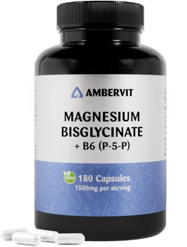 Magnesio Bisglicinato Alto Dosaggio – 180 Capsule Vegane con Vitamina B6 P-5-P – 300 mg Magnesio Elementare, Formula Chelata con Glicinato – 60 Giorni di Scorta – Ambervit