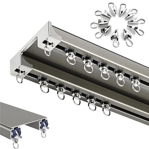 Dubbla stänger i aluminium för takmontering, tyst glidskenor med klämmor, idealiska för vardagsrum och sovrum (champagne 320 cm)