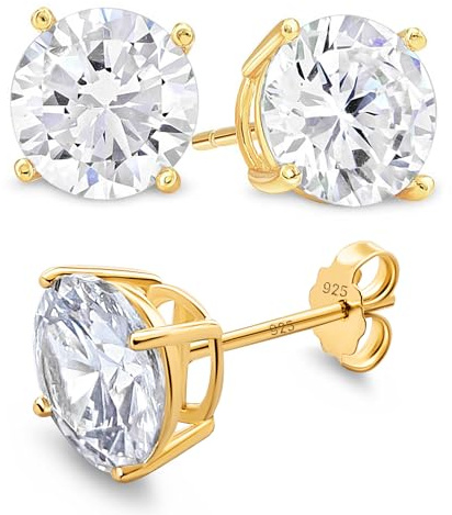 KEZEF Sterling Silver Stud Earrings for Women & Men | 8mm Cubic Zirconia Earrings Studs 4-Prong Setting - 14K Yellow Gold Premium CZ S925 Hypoallergenic