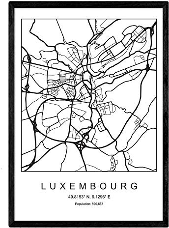 Nacnic Lámina Mapa de la Ciudad Luxembourg Estilo nordico en Blanco y Negro. Poster tamaño A3 Sin Marco Impreso Papel 250 gr. Cuadros, láminas y Posters para Salon y Dormitorio