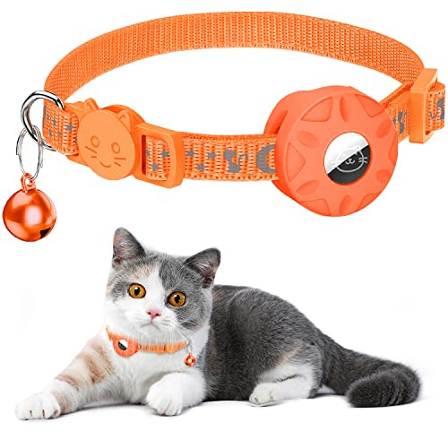 Reflective Cat Collar with Safety Buckle and Waterproof AirTag Holder in 3/8 Width, Compatible with Apple AirTag for Cat, Dog, Kitten, Puppy (Orange)