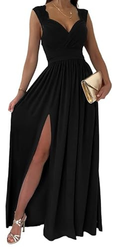 Dokotoo Womens Ladies Elegant Floor Length A Line Wrap Deep V Neck Backless Ruched Pleated Ruffled Split Long Maxi Formal Evening Party Prom Dress Bridesmaid Wedding Guest Dresses Black S