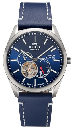 UMR RUHLA Armbanduhr, Herren, Automatik, Lederarmband, Titangehäuse, wasserdicht bis 5 bar, Farbe:Blau