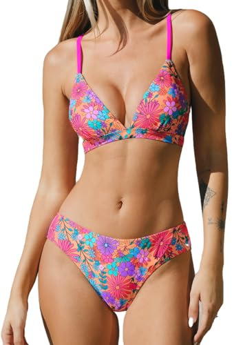 CUPSHE Bikini Set for Women Two Piece Swimsuits V Neck Low Rise Crisscross Back Self Tie Spaghetti Straps,XL Pink Floral