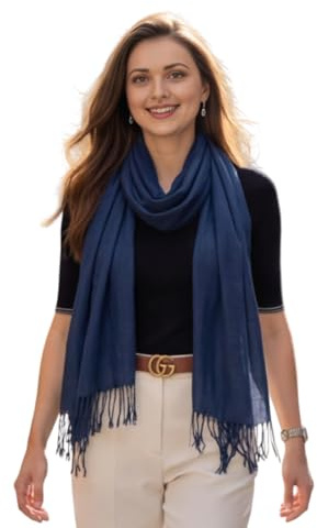 LA FERANI Sciarpa estiva da donna, in cashmere, sottile, 200 x 70 cm, leggera, trasparente, tinta unita, per estate, primavera, casual, business, stile, regalo per lei, Blu scuro, 175x70