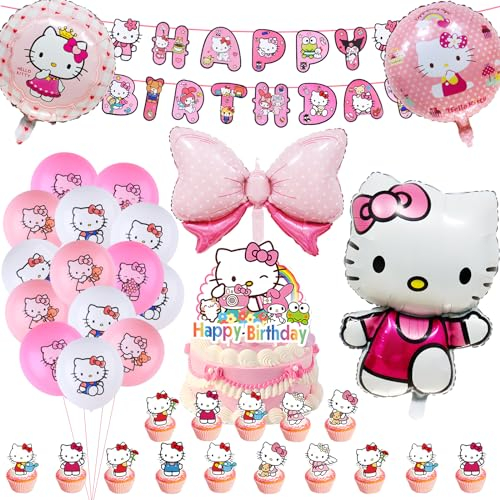 48PCS Geburtstagsdeko Luftballons Cartoon Luftballons Geburtstag Dekoration Set 48 Stück Kinder Luftballon Geburtstag Kit mit Happy Birthday Banners Folienballons Katzen Kitty Thema Cupcake Toppers