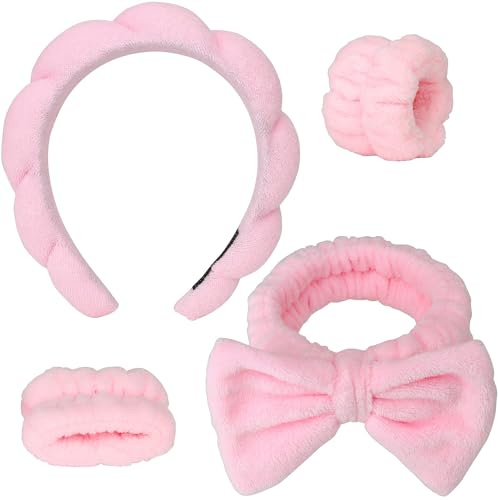 4PCS Spa Headband Hairband & Wristband Set Bow-tie Hairband with Buckled Hair Band Wrist Washband Terry Towel Cloth Headband for Washing Face Makeup Removal Skincare Pink