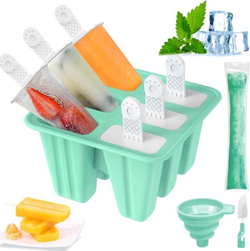 Stampi per Ghiaccioli, Riutilizzabili Stampi Ghiaccioli Silicone, Formine per Ghiaccioli Bambini e Adulti, Stampi Gelato con Spazzola di Pulizia e Imbuto Pieghevole (Verde, 6 Cavità)