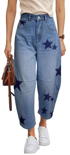 Barrel Jeans para Mujer, Holgados, con Estampado de Estrellas, de Herradura, Tiro Medio, Pierna Ancha, Pantalones de Mezclilla recortados al Tobillo