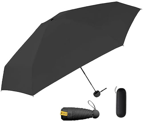 DDUP Folding Travel Umbrella - 6 Ribs Mini UV Protection, Compact Windproof Sun Rain Portable Pocket Lightweight With Capsule Case for Kids Girls Women Purse - Black