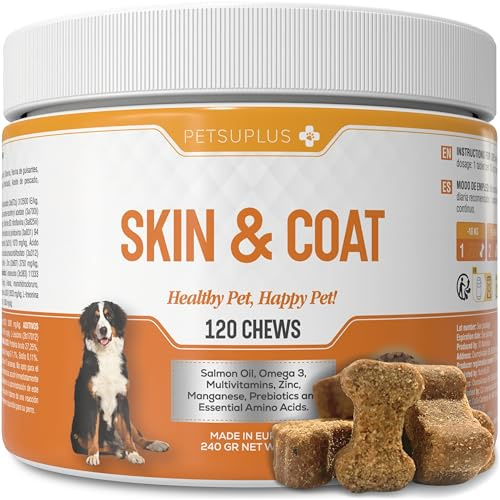 PETSUPLUS Pelo & Pelle. Integratori per Cani con Vitamine, Omega 3 Cane e Olio di Salmone per Cani. Combatte Sintomi quali Prurito, Pelle secca, Irritazione, perdita di Pelo e Irritabilità. 120 chews