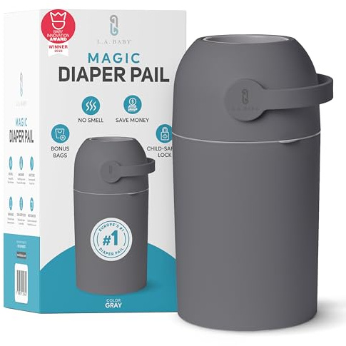 L.A. Baby Magic Diaper Pail - Patented 100% Odor-Free System with Child-Safe Lock - Award-Winning Design - No Refills Required - Works with Regular Trash Bags - Gray