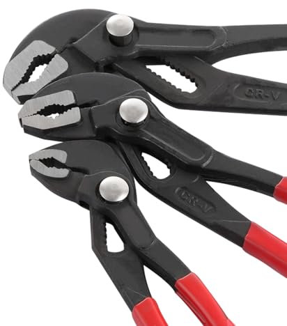 AKOLAFE Paquete de 3 alicates de bomba de agua de 7, 10, 12 pulgadas, ajustables, de acero cromado, alicates de lengüeta y ranura con mandíbula ancha y mango antideslizante