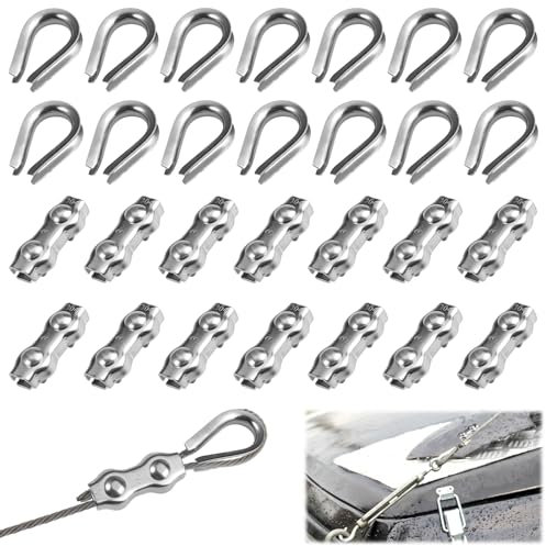 28 Stück Edelstahl Drahtseilklemme M3 Set mit 14 Stück Drahtseilklemmen 3mm und 14 Stück Drahtseil Kauschen 3mm, 304 Edelstahl Seilklemme Set, für Stahlseil Wäscheleinenspanner Markise Fixiert