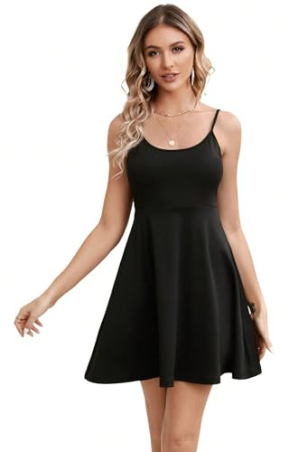 GORGLITTER Women's Strappy Sleeveless A Line Midi Dress Round Neck Swing Casual Plain Short Dress Plain Black Large