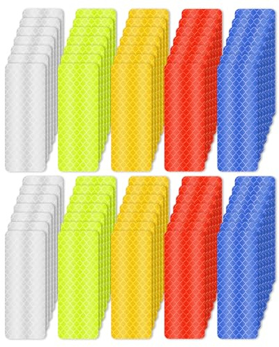 Bewudy 75 Stück Reflektierende Aufkleber, Warnung Reflektor Sticker 3x8cm Selbstklebende Reflektorband Wasserdicht Sicherheit Warnklebeband Reflektoren Aufkleber für Fahrrad Motorrad Helme (5 Farben)