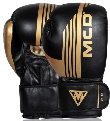 MCD Boxing Gloves Men and Women 10oz, 12oz 14oz, 16oz Boxing Training Muay Thai Gloves, Perfect Punch Bag Gloves Boxing Bag Gloves MMA Sparring Gloves (Black (Gold), 14oz)