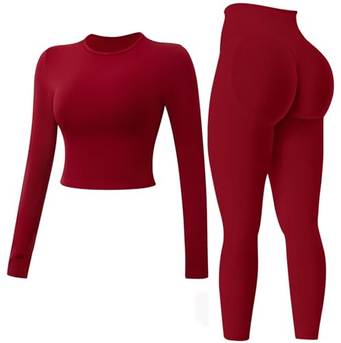 JN JANPRINT Seamless Gym Sets for Women 2 Piece Long Sleeve Top Hidden Scrunch Leggings Yoga Outfits Tracksuit