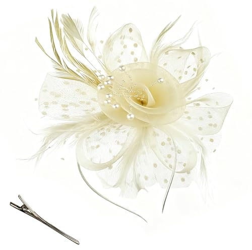 Rtyuio Elegant Floral Fascinator Hat with Feathers & Mesh Adjustable Headband & Hair Clip for Women & Girls Perfect for Tea Parties, Weddings & Special Occasions (Beige)