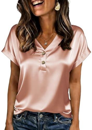 ABINGOO Chemisier Femme en Satin Col V Blouse Manches Courtes Boutonnée Couleur Unie Ample Soirée Élégant Top(Rose,S)