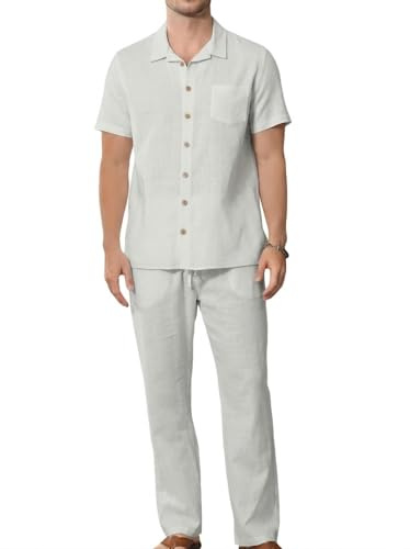Focixfor Men's 2 Piece Vacation Outfits Short Sleeve Shirt Drawstring Pants Beach Set Tracksuits Grey XL